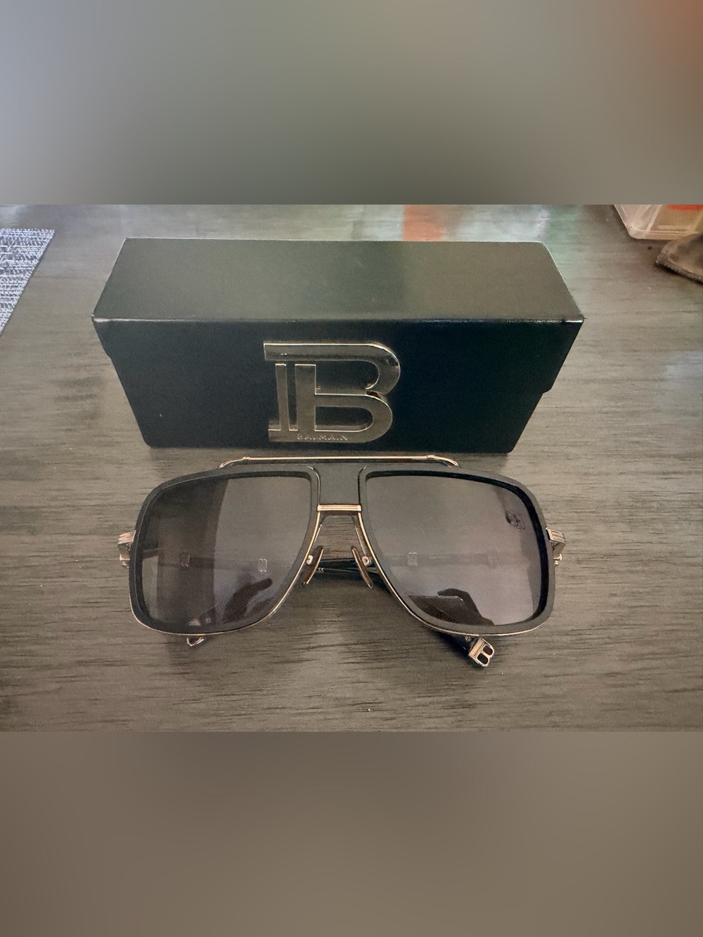 Balmain Black and Gold Aviator Sunglasses